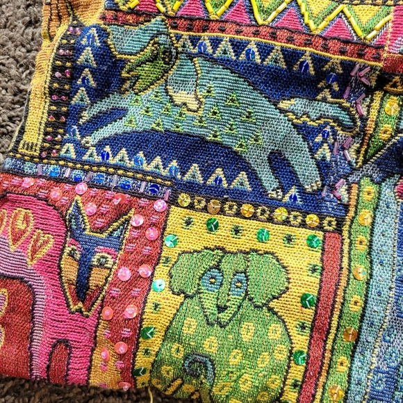 Laurel Burch Dog Patchwork Purse 2 Strap Tote Bag Red Blue Green Colorful Zipper - Picture 6 of 14